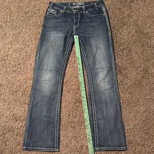 Rock & Roll Cowgirl Mid Rise Bootcut Jeans with White Contrast Stitching